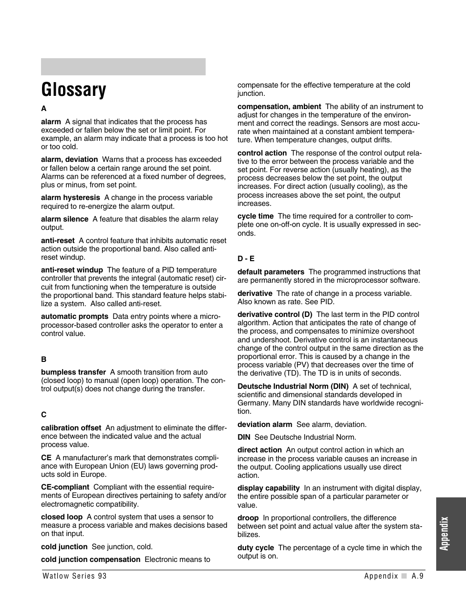 Glossary, Appendix | Watlow Series 93 User Manual | Page 41 / 52