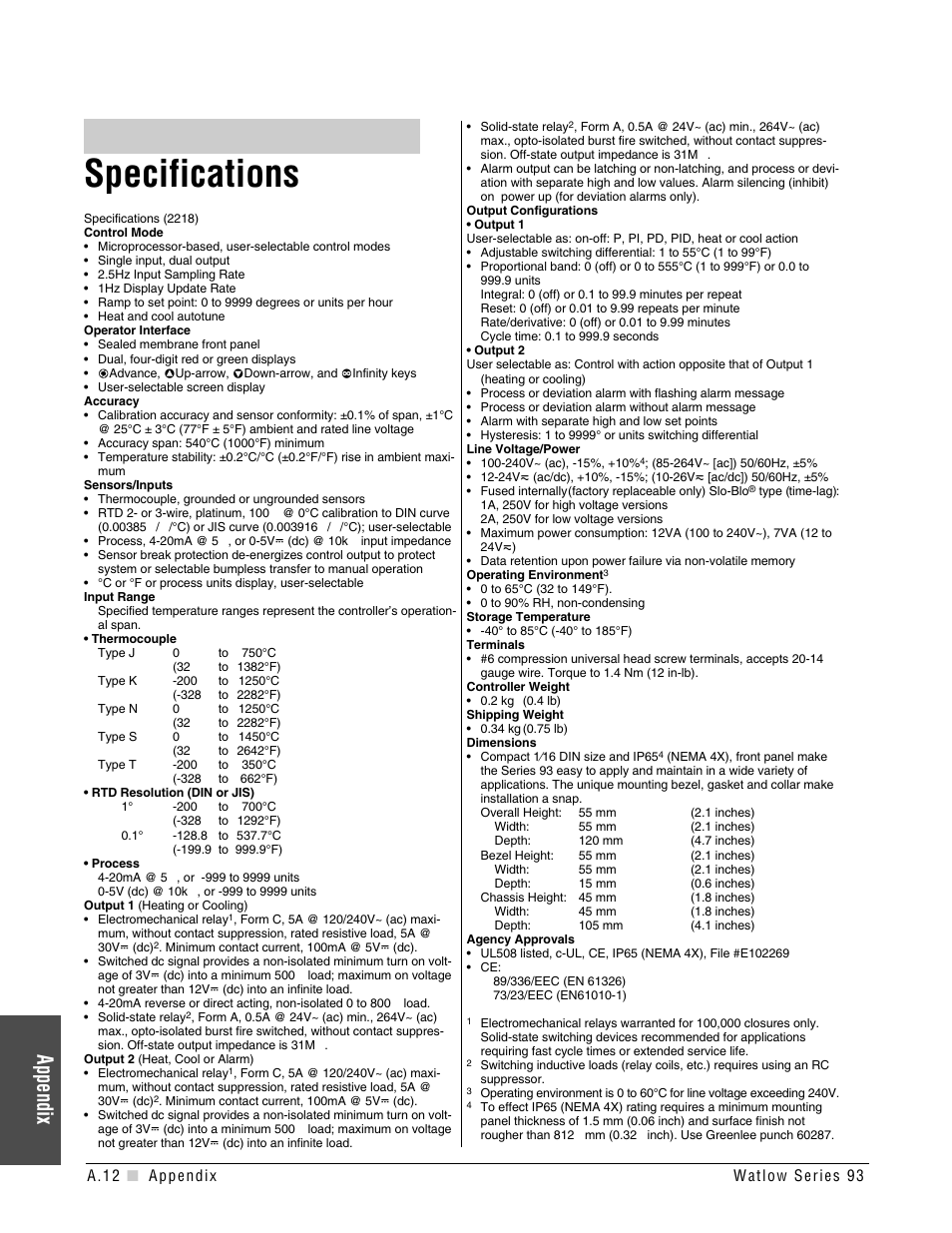 Specifications, Appendix | Watlow Series 93 User Manual | Page 44 / 52