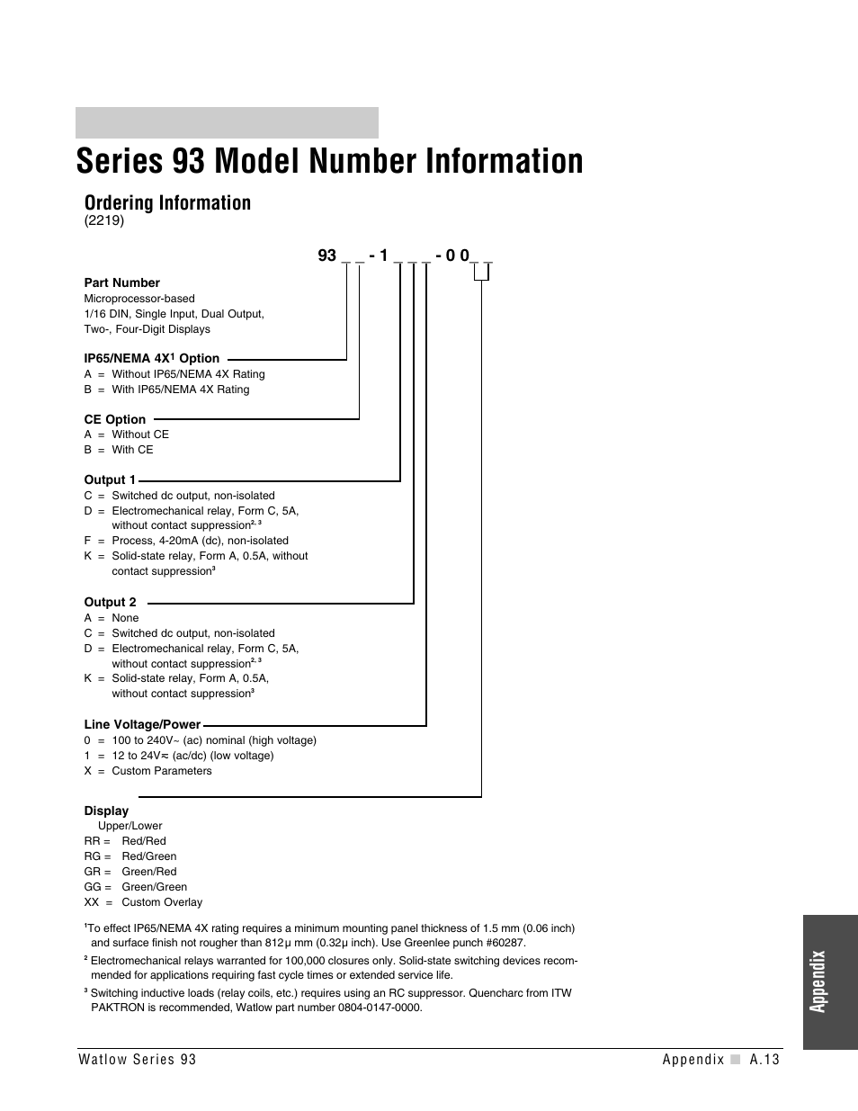 Series 93 model number information, Ordering information, Appendix | Watlow Series 93 User Manual | Page 45 / 52