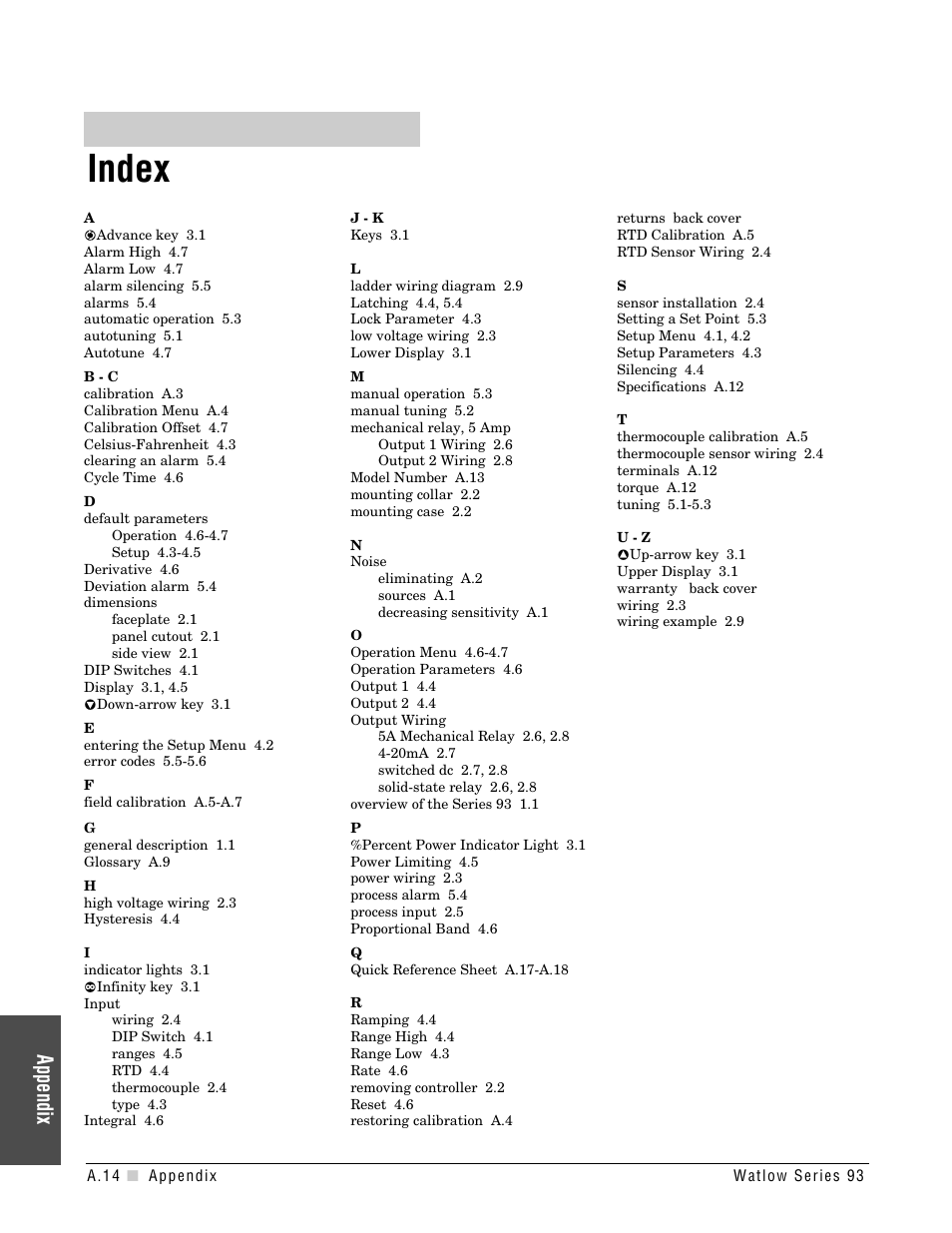 Index, Appendix | Watlow Series 93 User Manual | Page 46 / 52