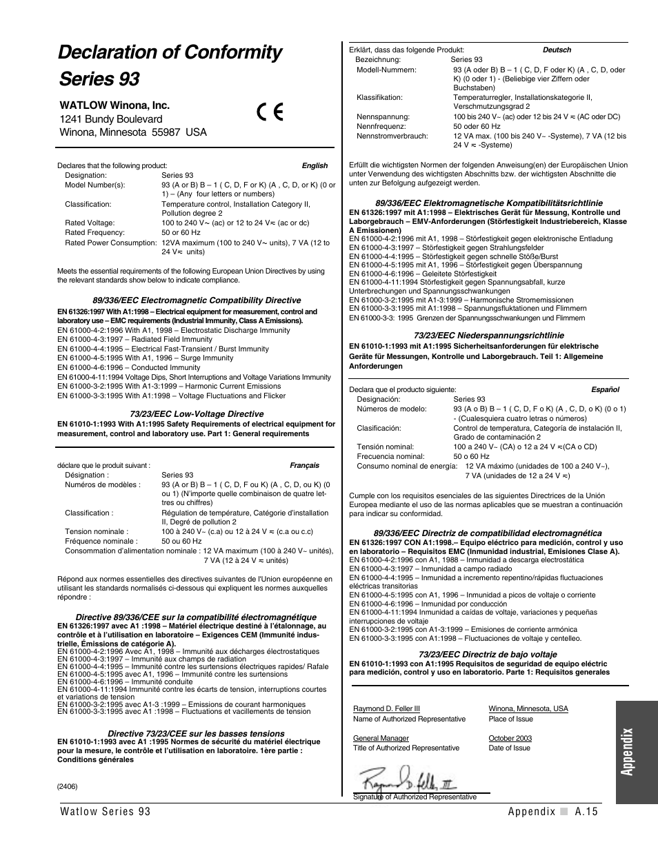 Declaration of conformity, Declaration of conformity series 93, Appendix | Watlow Series 93 User Manual | Page 47 / 52