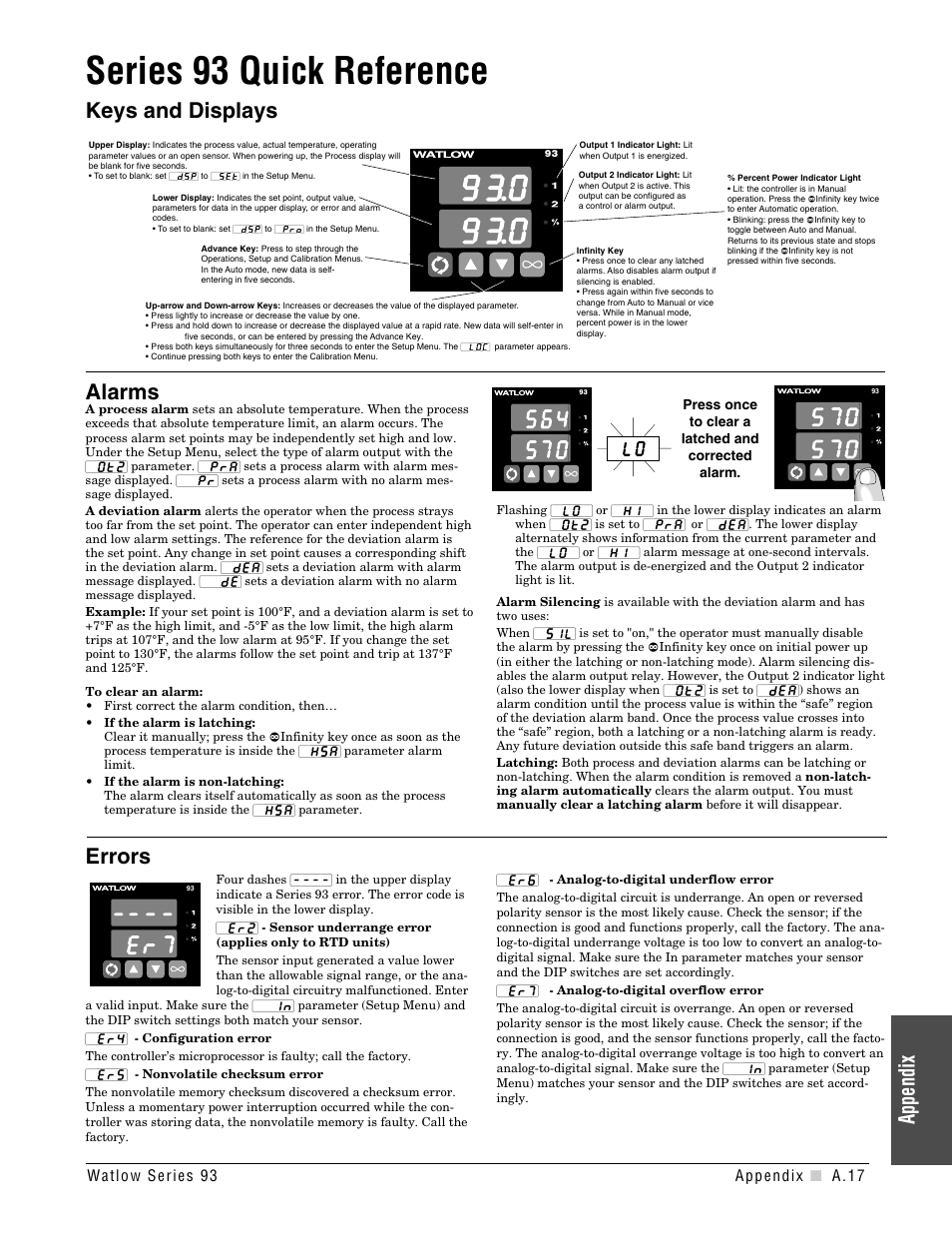 Series 93 quick reference, Quick reference sheet a.17-a.18, Errors | Keys and displays, Appendix, Alarms | Watlow Series 93 User Manual | Page 49 / 52