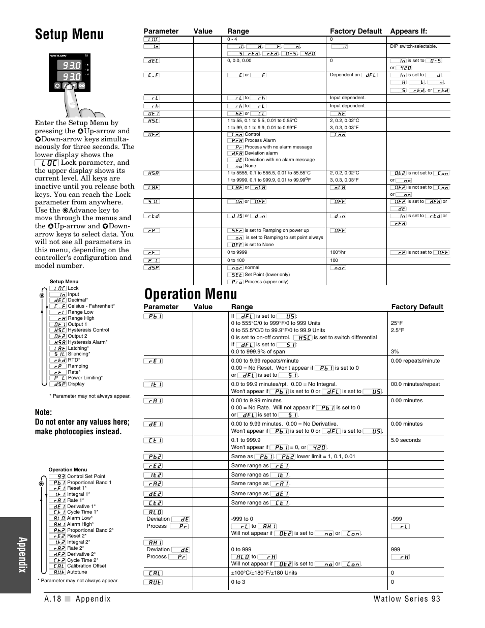 Setup menu operation menu, Appendix, Parameter value range factory default appears if | Parameter value range factory default | Watlow Series 93 User Manual | Page 50 / 52