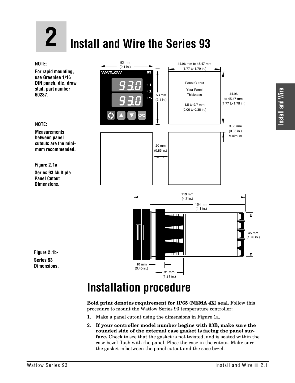 Chapter 2, Install and wire the series 93, Installation procedure | Chapter 2: install and wire the series 93, Panel cutout dimensions installation procedure, Install and wire | Watlow Series 93 User Manual | Page 7 / 52