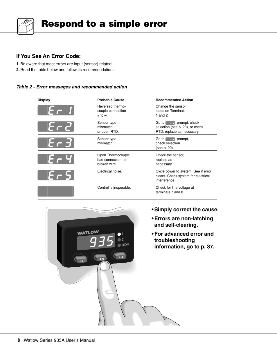 Respond to a simple error, Simple error / response, Error messages and action | Watlow Series 935A User Manual | Page 10 / 68