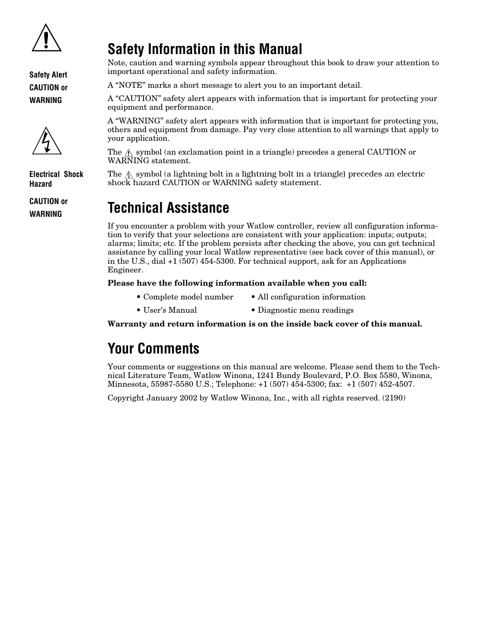 Safety information in this manual, Technical assistance warning, Your comments | Technical assistance | Watlow Series 935A User Manual | Page 2 / 68