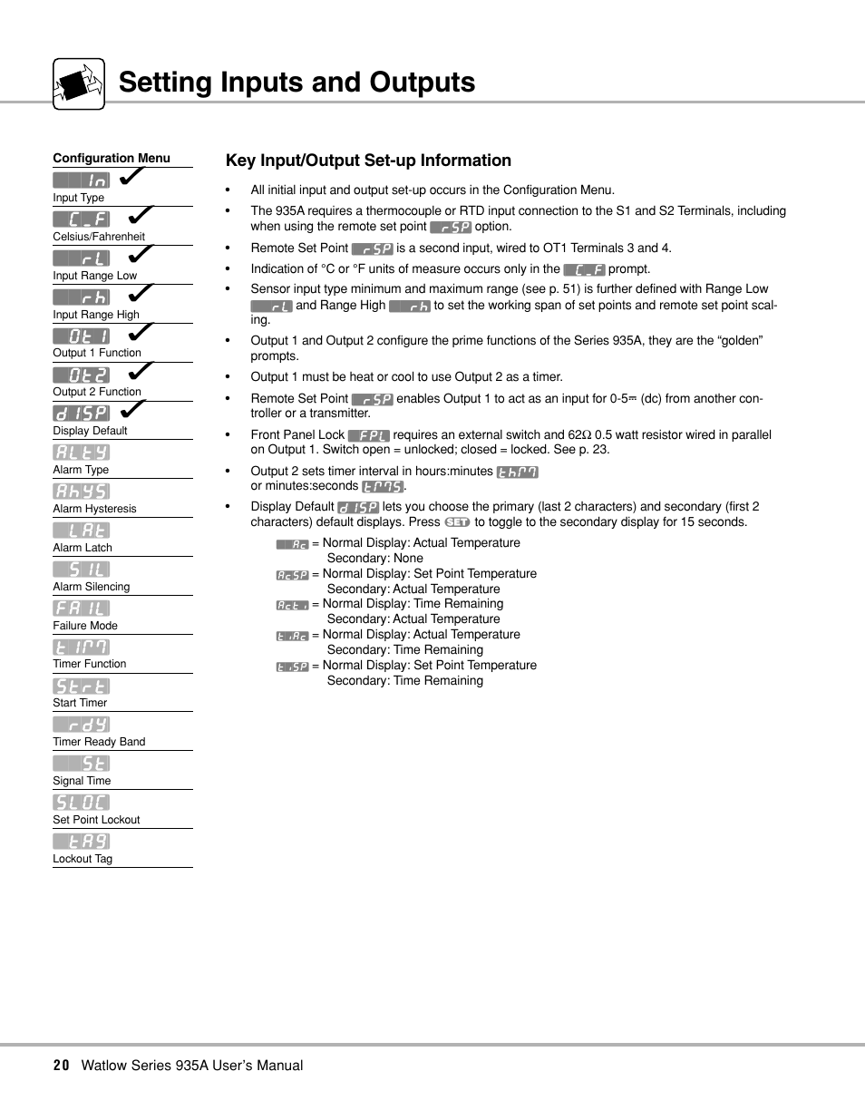 Setting inputs and outputs, Setting up inputs and outputs | Watlow Series 935A User Manual | Page 22 / 68