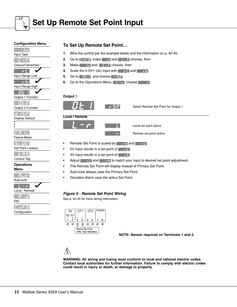 Set up remote set point input, Remote set point, Remote set point wiring | Watlow Series 935A User Manual | Page 24 / 68