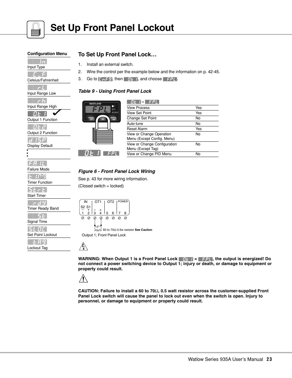 Set up front panel lockout, Front panel lockout, Using front panel lock | Front panel lock wiring, Disp, Fail, Strt, Sloc | Watlow Series 935A User Manual | Page 25 / 68