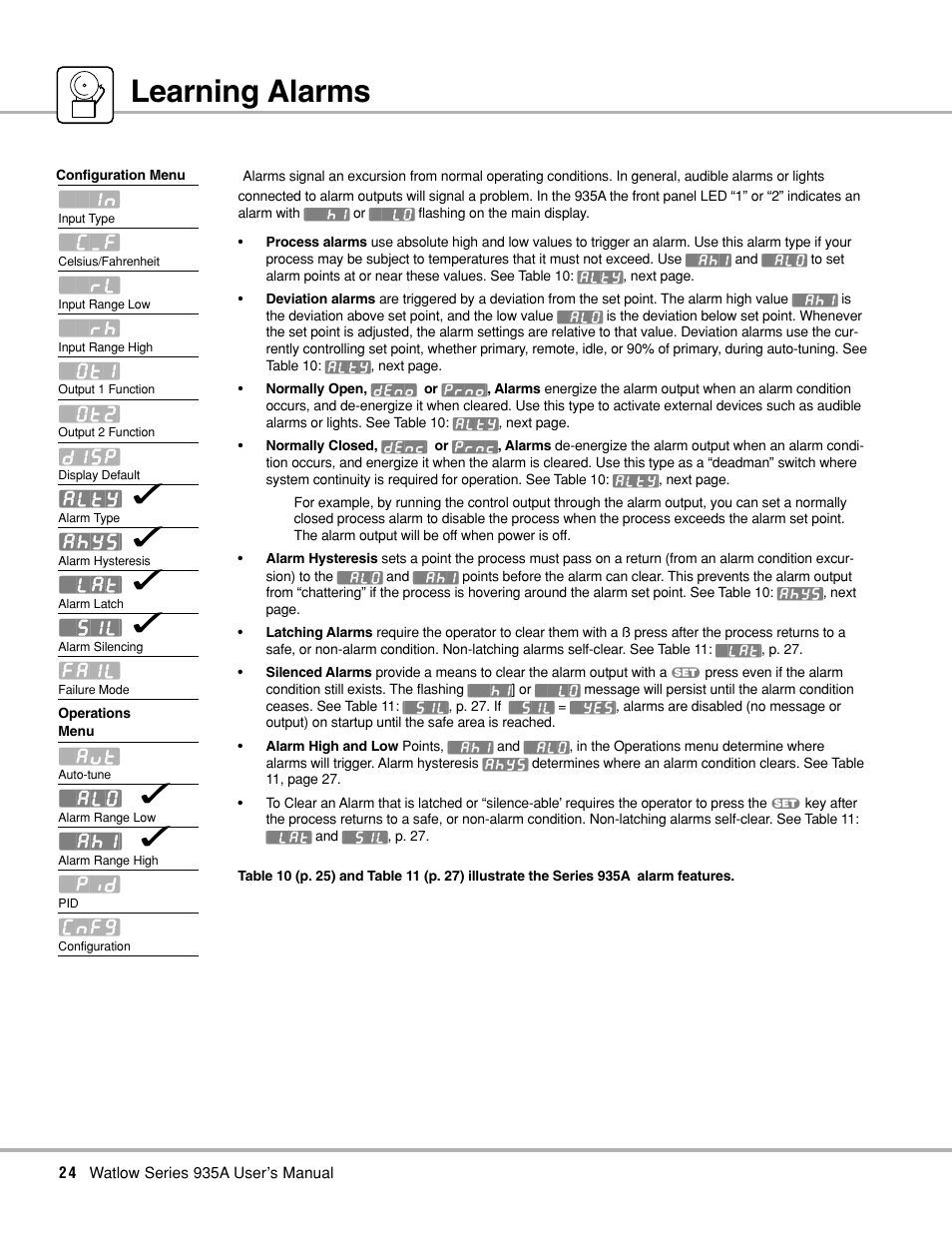 Learning alarms, Alarms; learn | Watlow Series 935A User Manual | Page 26 / 68