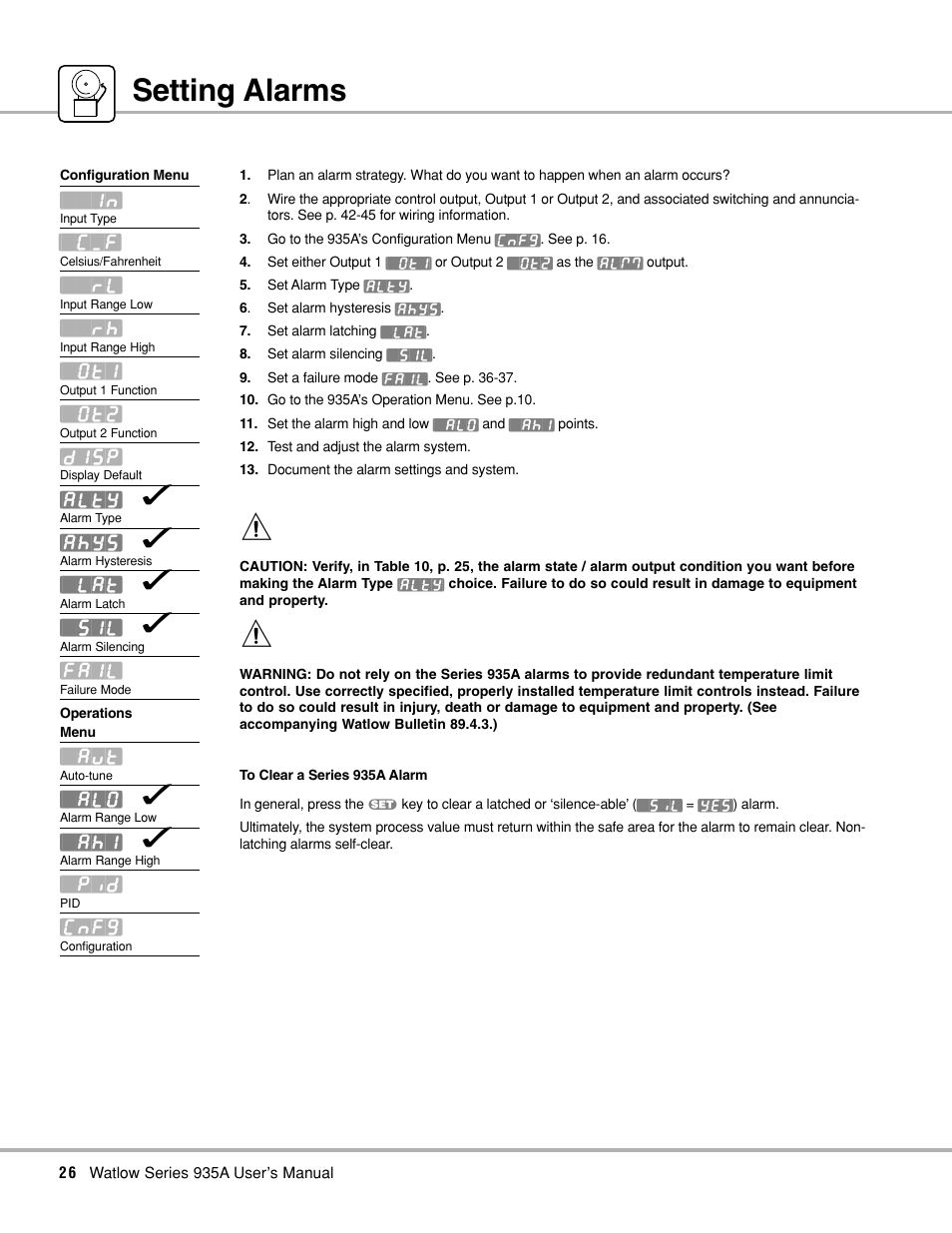 Setting alarms, Alarms; setting and clearing | Watlow Series 935A User Manual | Page 28 / 68