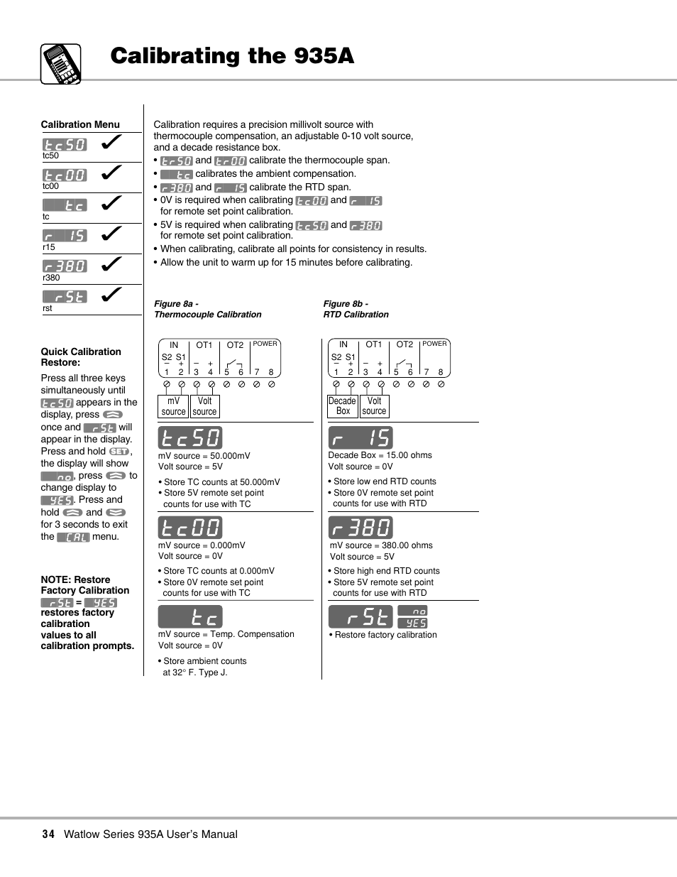 Calibrating the 935a, Calibrating, Tc50 | Tc00, R`15, R380 | Watlow Series 935A User Manual | Page 36 / 68