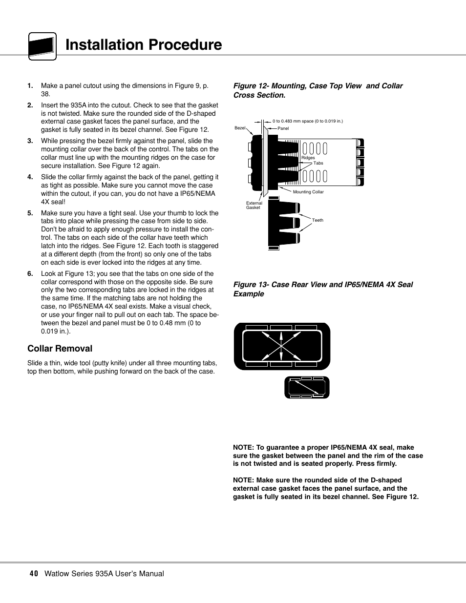 Installation procedure, Installing, 12 case top view and collar 13 nema 4x/ip65 seal | Collar removal | Watlow Series 935A User Manual | Page 42 / 68