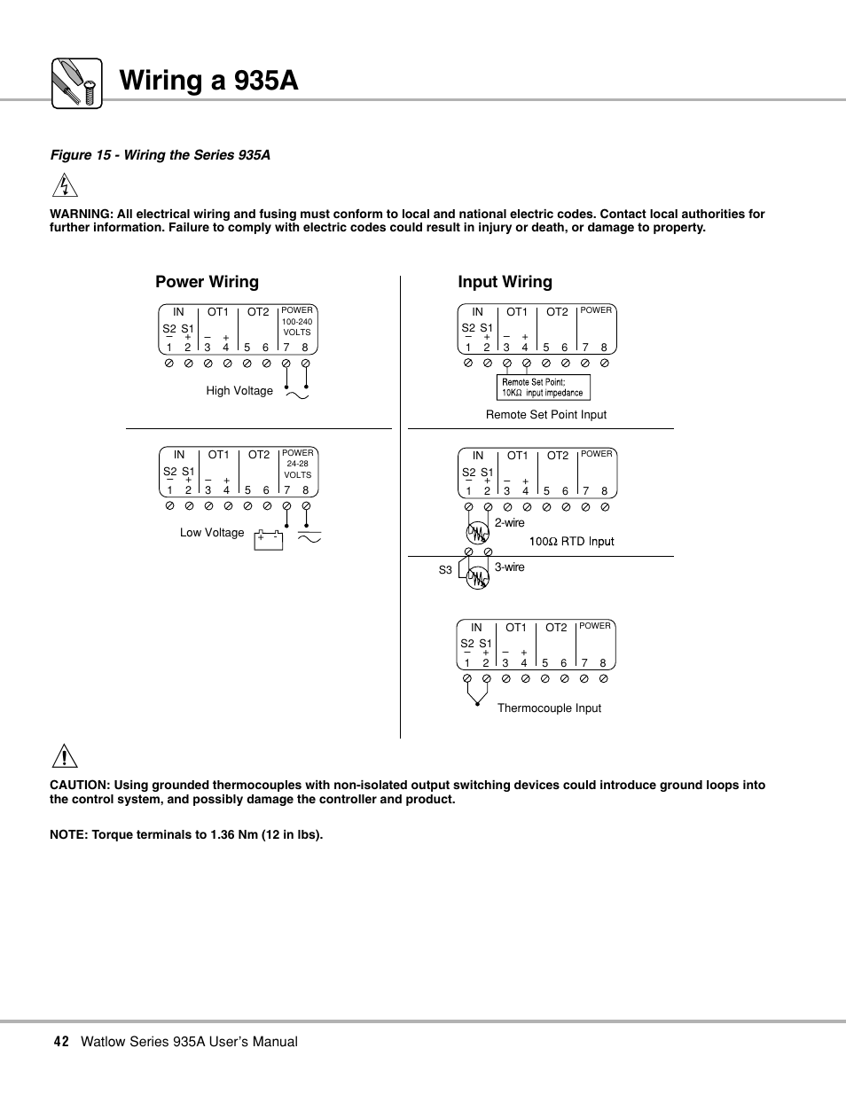 Wiring a 935a, Wiring, 15 wiring | Tors. see p. 42-45 for wiring information, Power wiring input wiring | Watlow Series 935A User Manual | Page 44 / 68