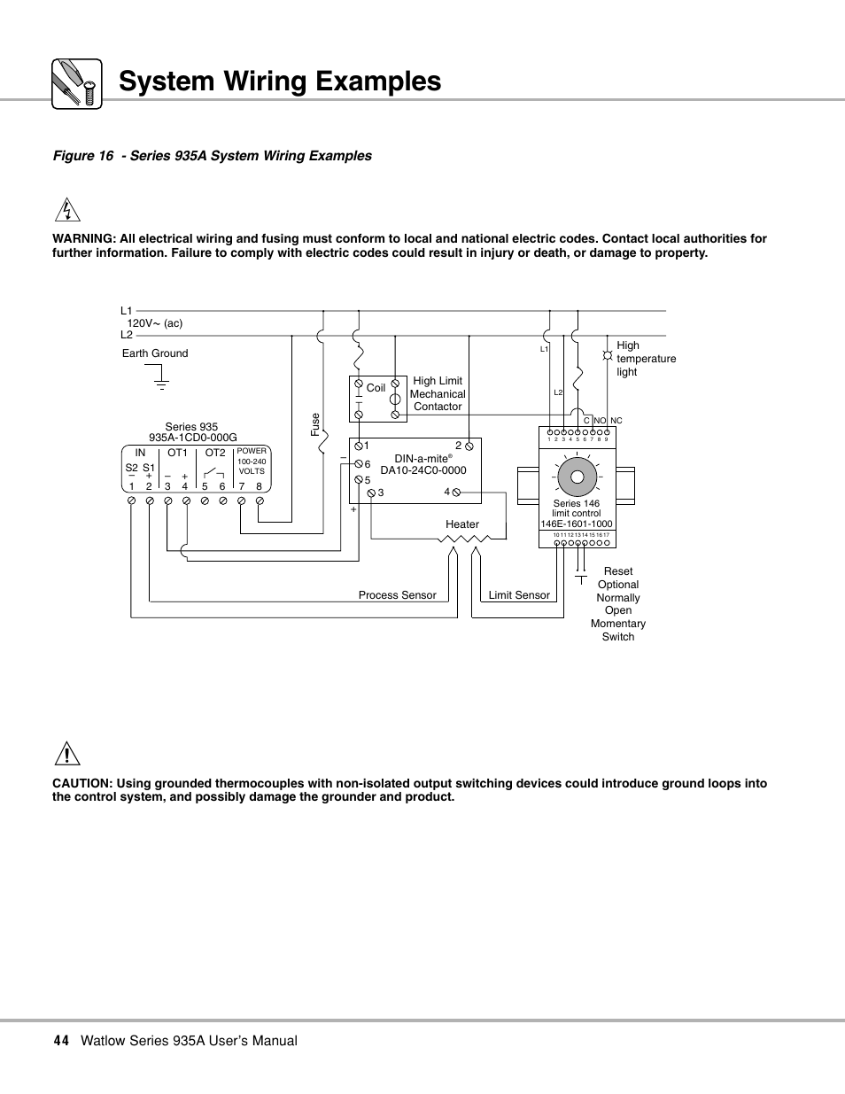 System wiring examples, Wiring examples, 16 system wiring example | Watlow Series 935A User Manual | Page 46 / 68