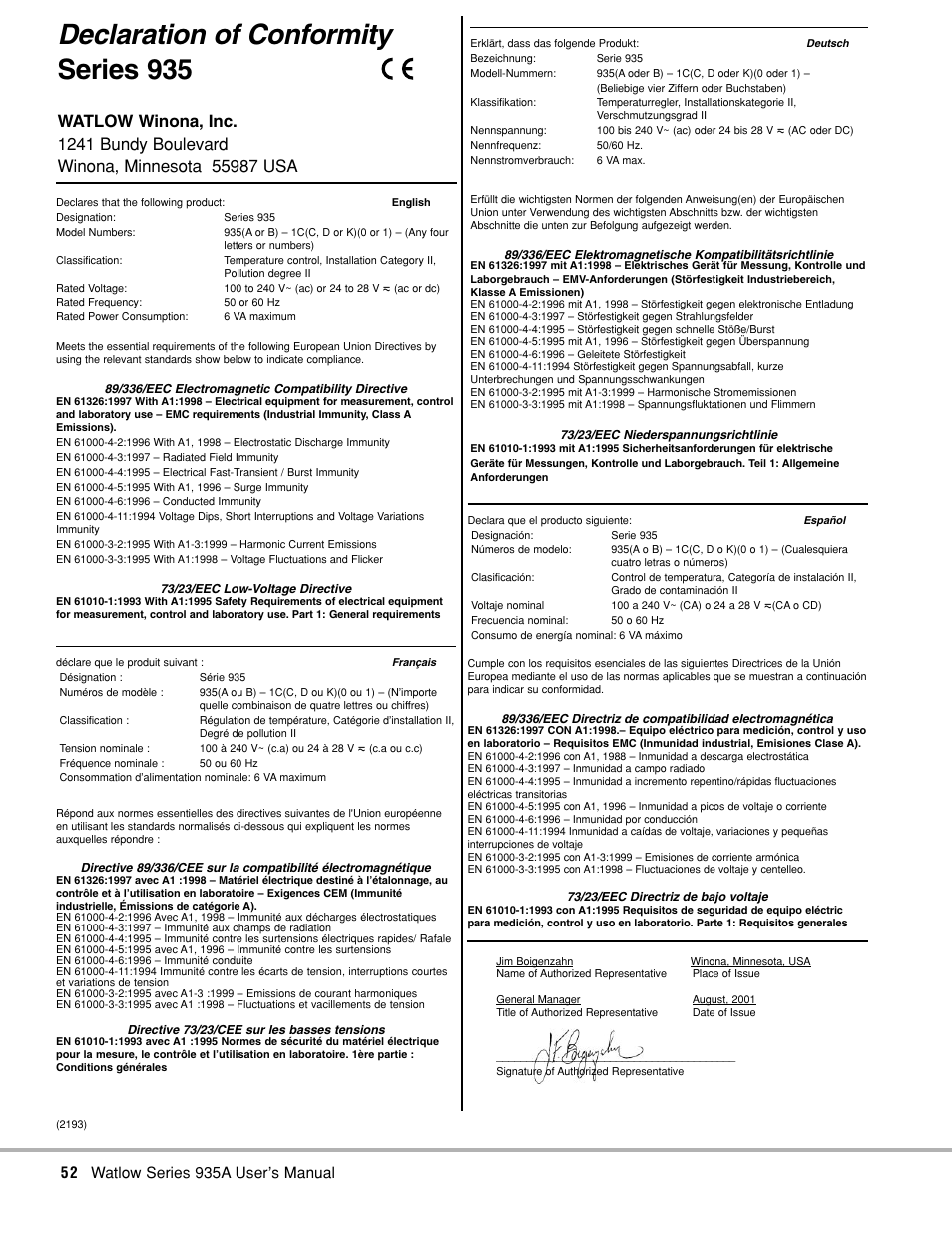 Declaration of conformity, Declaration of conformity series 935 | Watlow Series 935A User Manual | Page 54 / 68