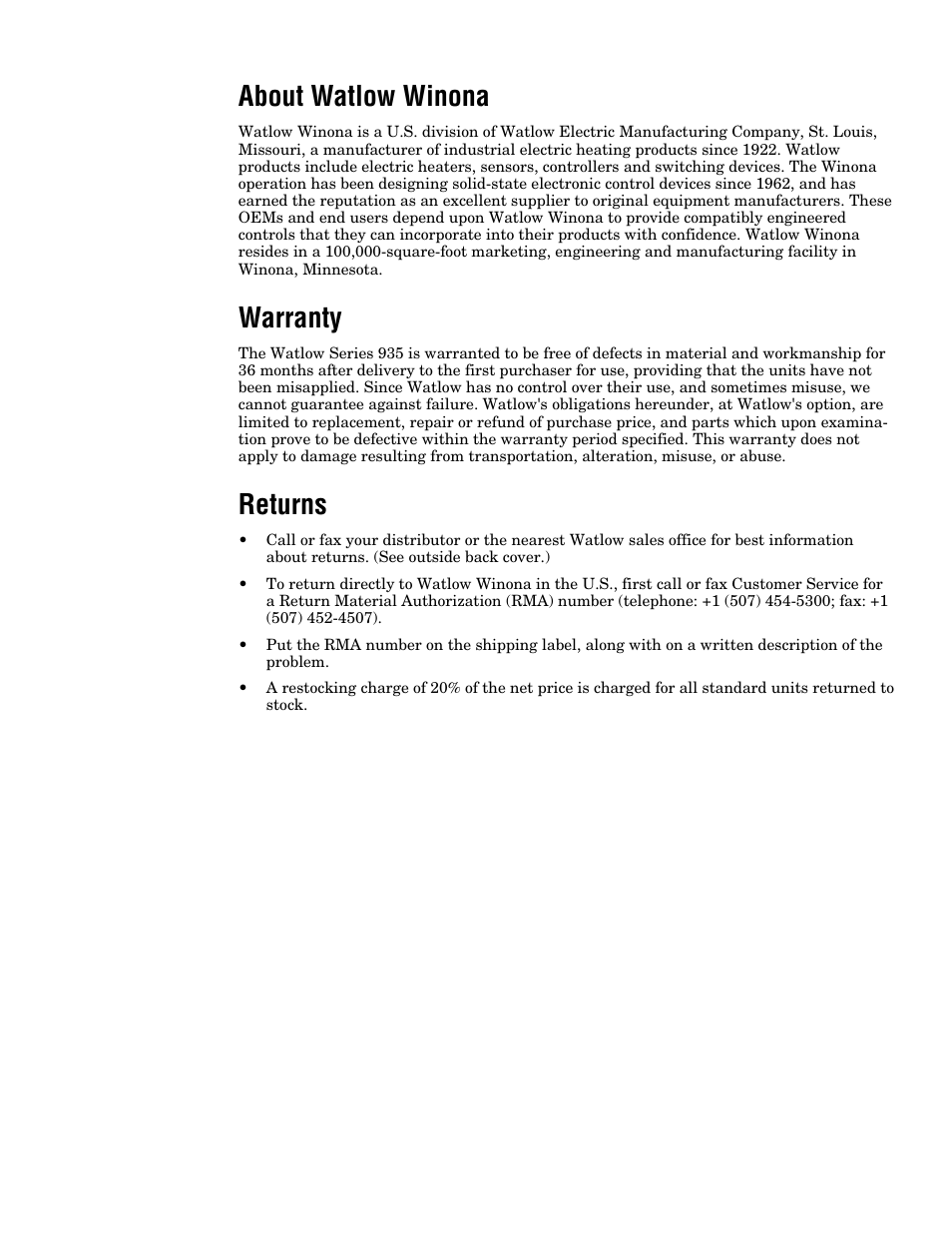 About watlow winona, Warranty, Returns | Watlow Series 935A User Manual | Page 67 / 68