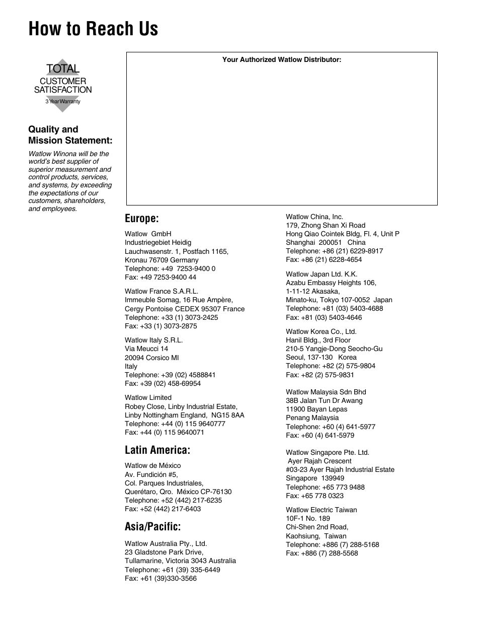 How to reach us, Total, Europe | Latin america, Asia/pacific | Watlow Series 935A User Manual | Page 68 / 68