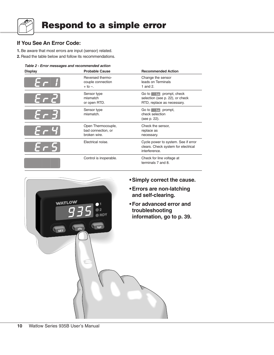 Respond to a simple error, Simple error / response, Error messages & action | Watlow Series 935B User Manual | Page 10 / 60