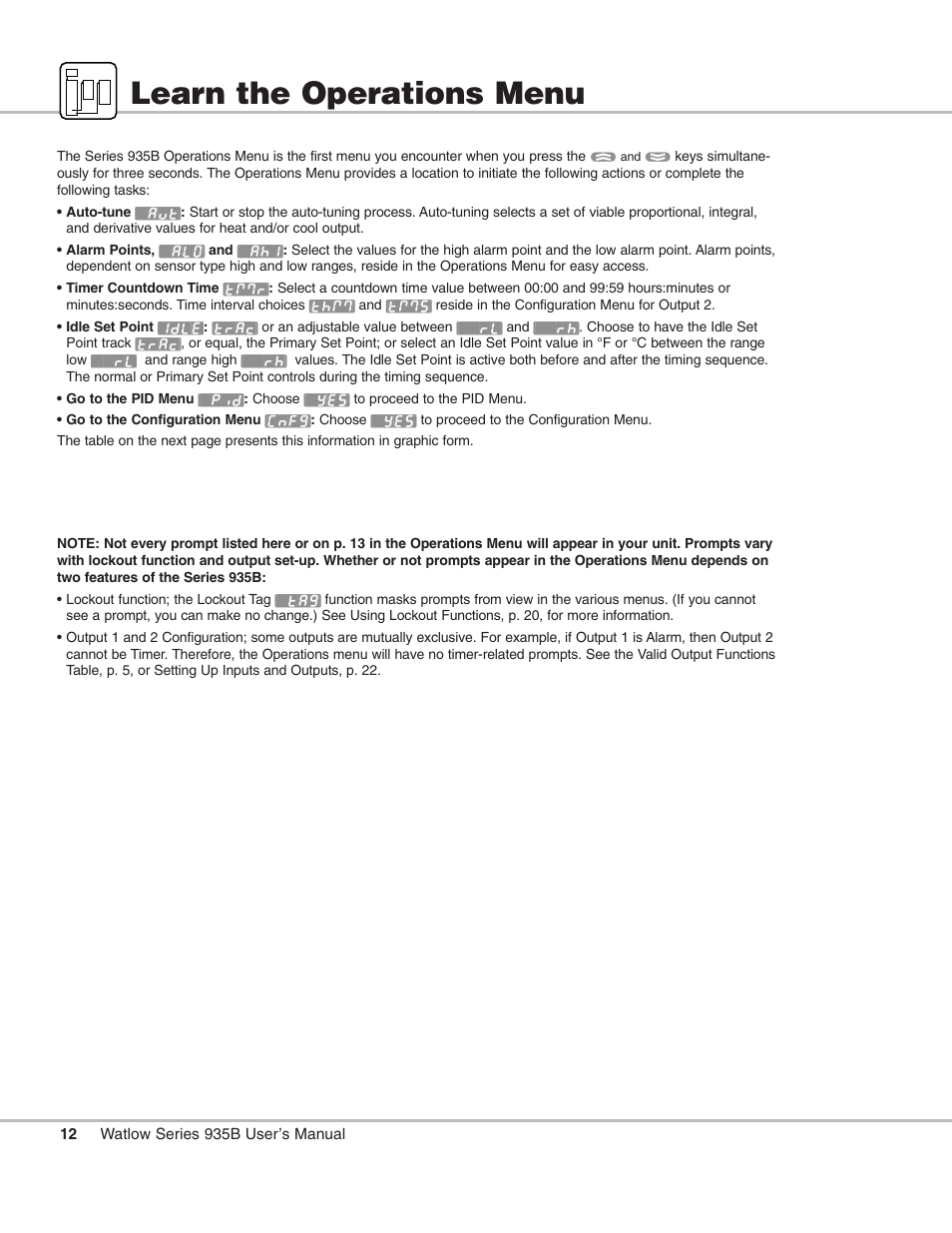 Learn the operations menu, Operations menu; learn, Operations | P. 12 | Watlow Series 935B User Manual | Page 12 / 60
