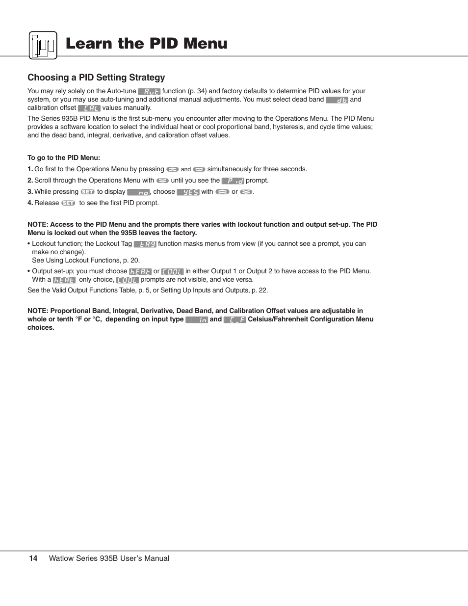 Learn the pid menu, Pid menu; learn, P. 14 | Choosing a pid setting strategy | Watlow Series 935B User Manual | Page 14 / 60