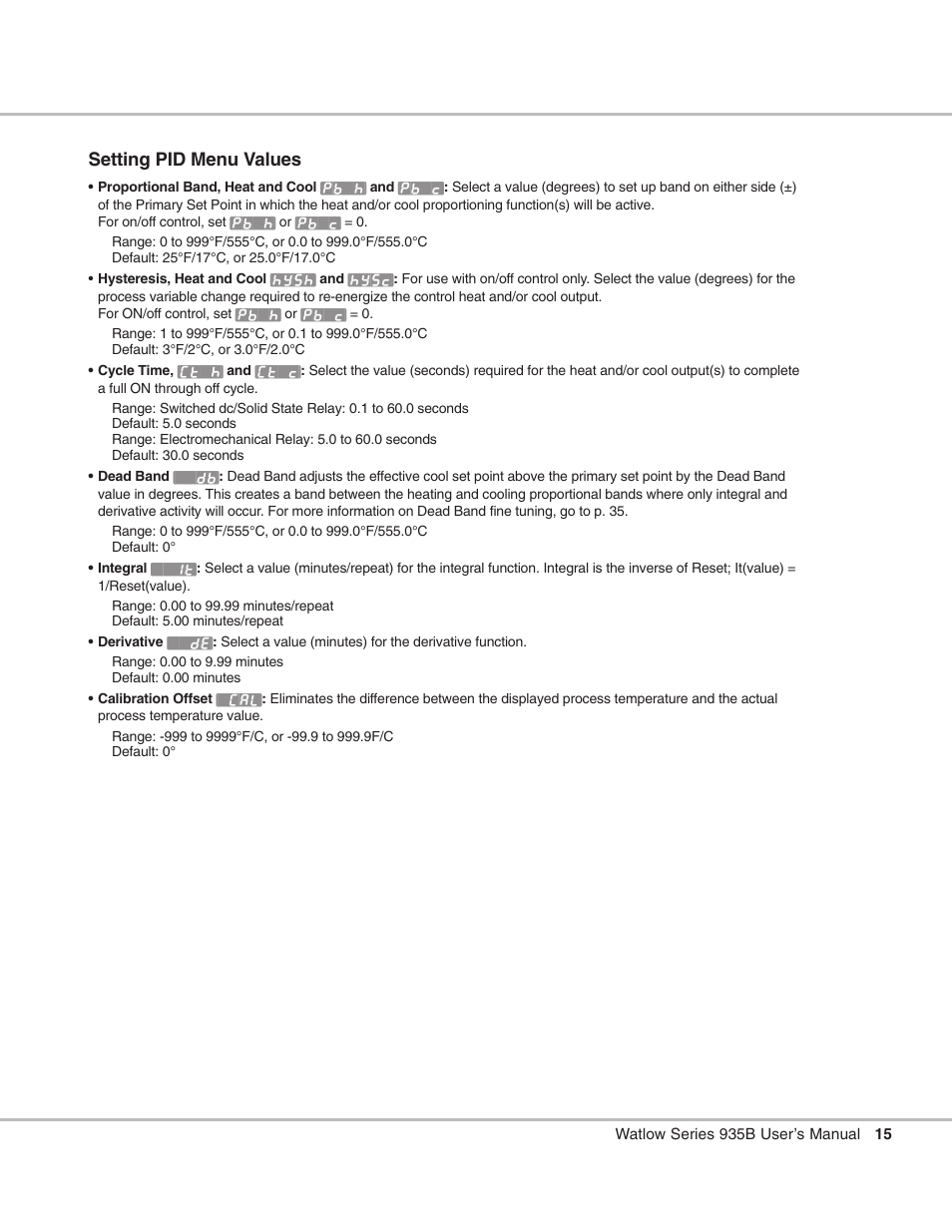 Setting pid menu values | Watlow Series 935B User Manual | Page 15 / 60