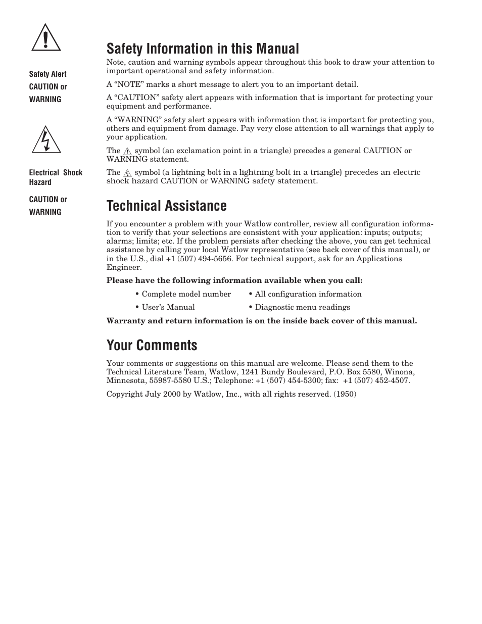 Safety information in this manual, Technical assistance, Your comments | Watlow Series 935B User Manual | Page 2 / 60