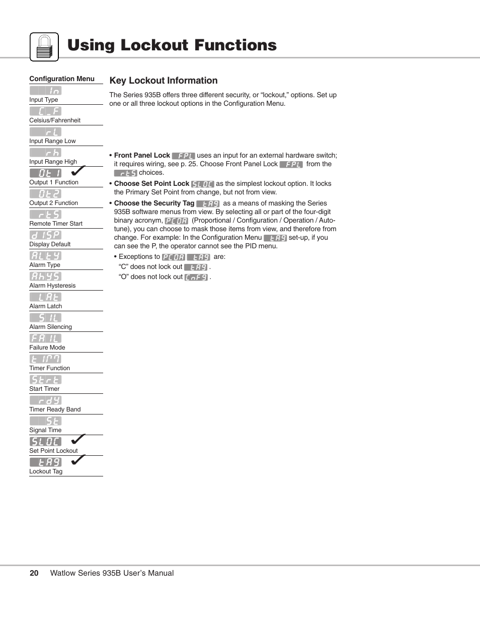 Using lockout functions, Lockout functions, See using lockout functions, p. 20 | Watlow Series 935B User Manual | Page 20 / 60