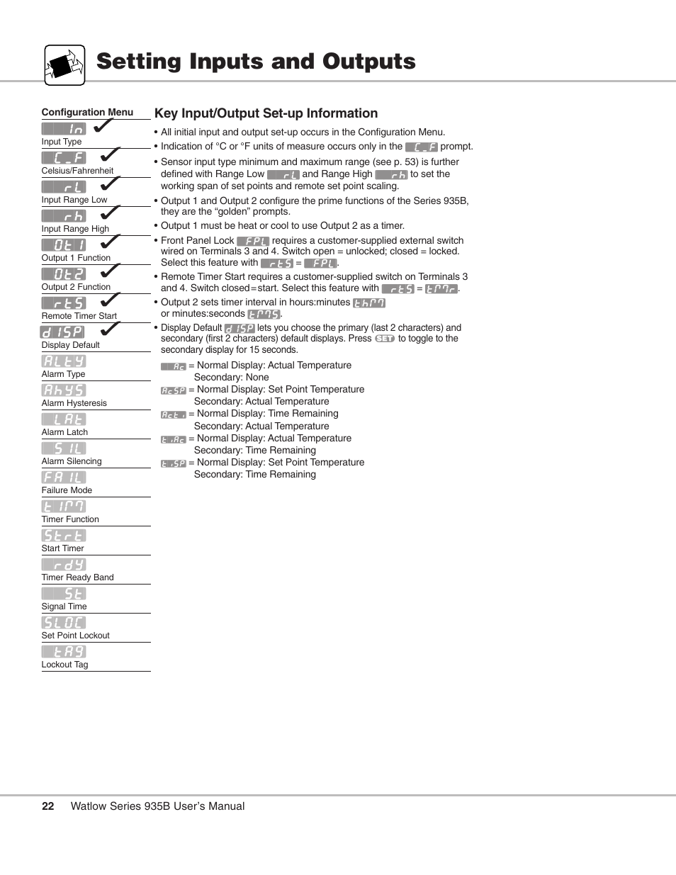 Setting inputs and outputs, Setting up inputs and outputs, Selection (see p. 22), or check | See p. 22) | Watlow Series 935B User Manual | Page 22 / 60