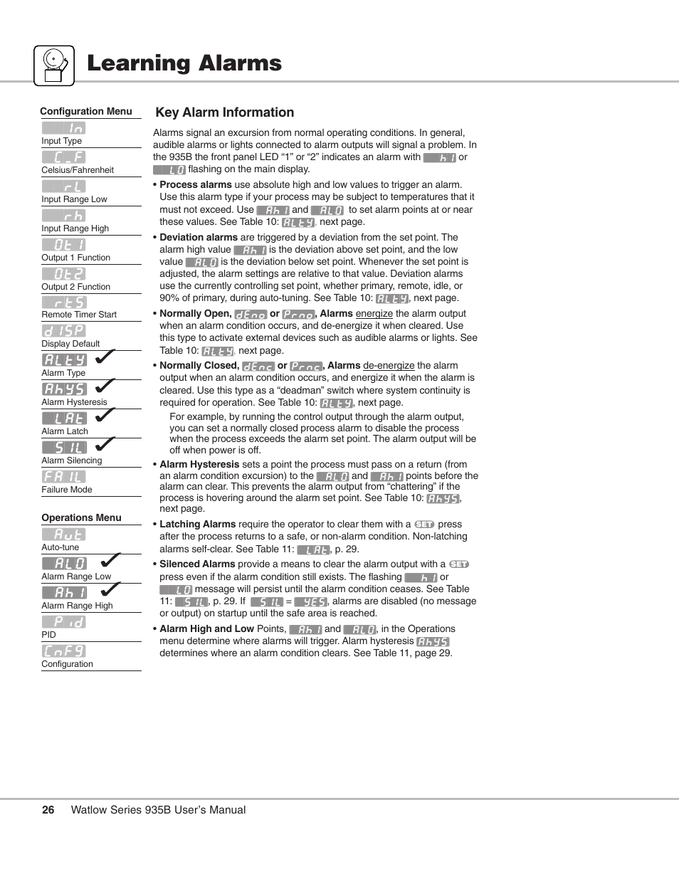 Learning alarms, Alarms; learn | Watlow Series 935B User Manual | Page 26 / 60