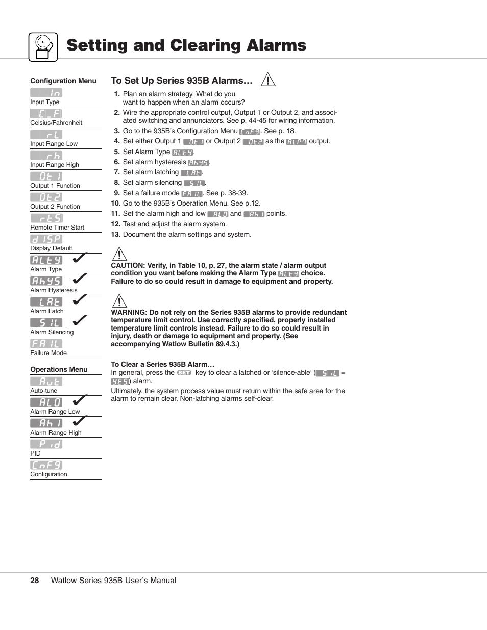 Setting and clearing alarms, Alarms; setting and clearing | Watlow Series 935B User Manual | Page 28 / 60