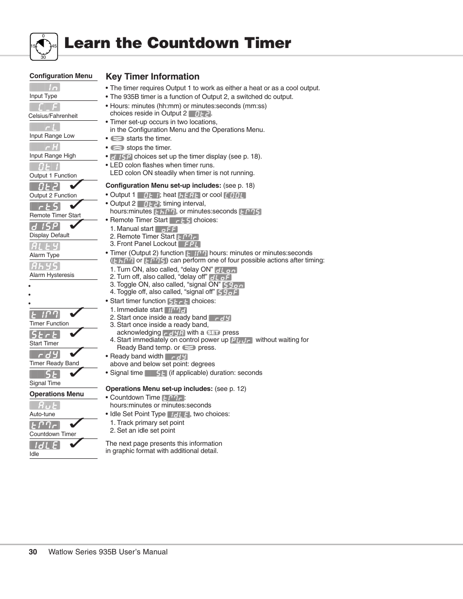 Learn the countdown timer, Timer; learn | Watlow Series 935B User Manual | Page 30 / 60