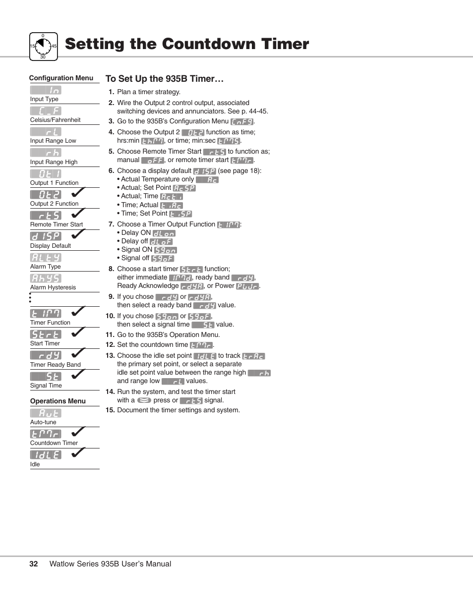 Setting the countdown timer, Timer; setting | Watlow Series 935B User Manual | Page 32 / 60