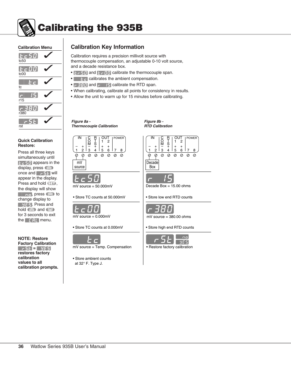 Calibrating the 935b, Calibrating, Tc50 | Tc00, R`15, R380, Calibration key information | Watlow Series 935B User Manual | Page 36 / 60