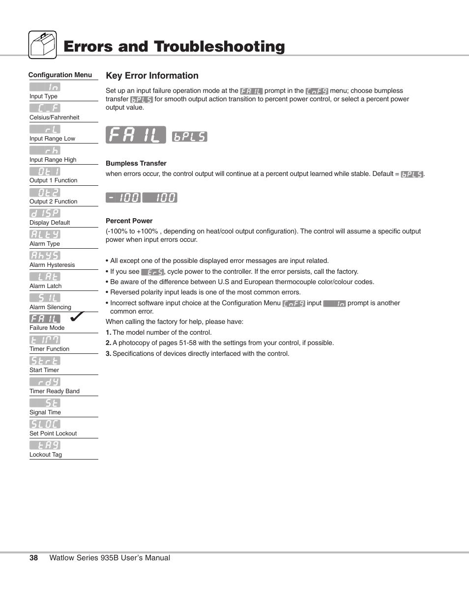 Errors and troubleshooting, Percent power, See p. 38-39 | Fail, Bpls | Watlow Series 935B User Manual | Page 38 / 60