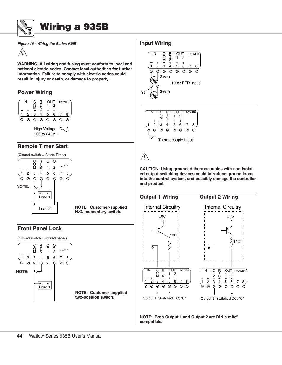 Wiring a 935b, Wiring, 14 wiring | Wire the output 2 control output, associated, Switching devices and annunciators. see p. 44-45, Power wiring remote timer start, Front panel lock, Input wiring, Output 1 wiring output 2 wiring, Internal circuitry | Watlow Series 935B User Manual | Page 44 / 60