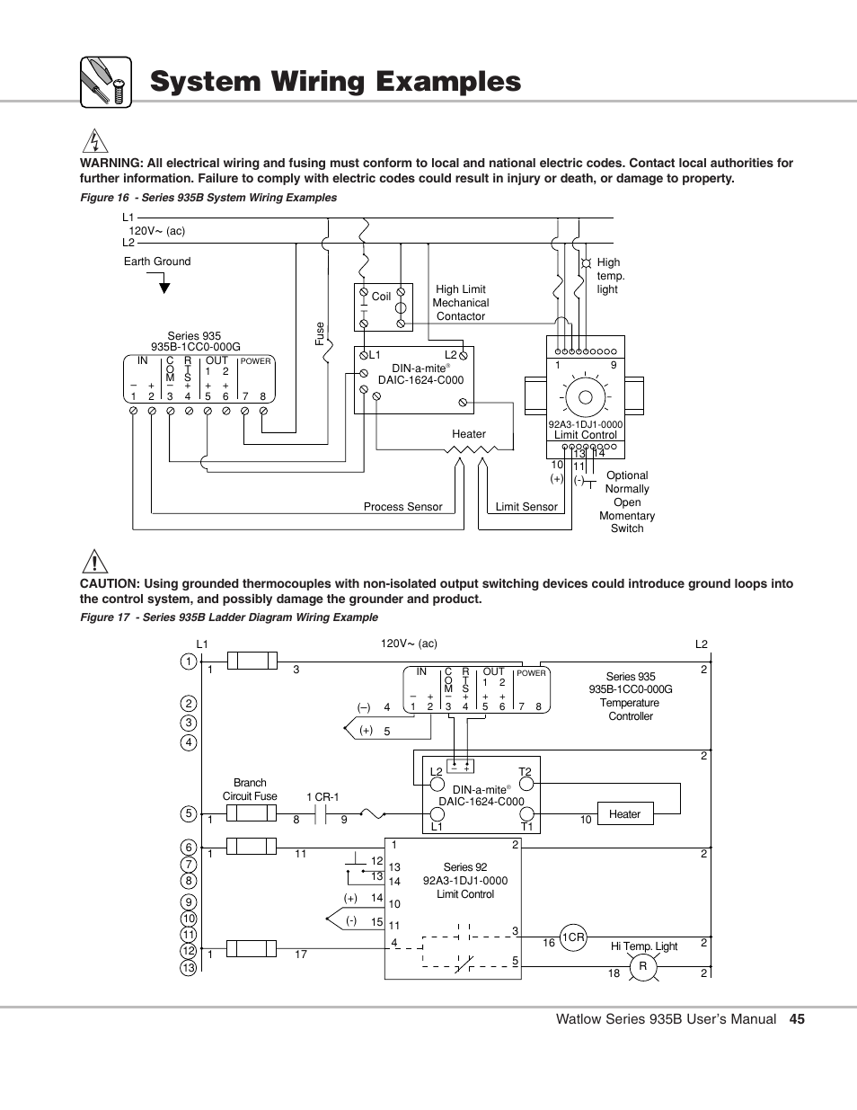 System wiring examples, Wiring examples, 15 system wiring example 16 ladder diagram example | For more wiring information, see p. 45 | Watlow Series 935B User Manual | Page 45 / 60