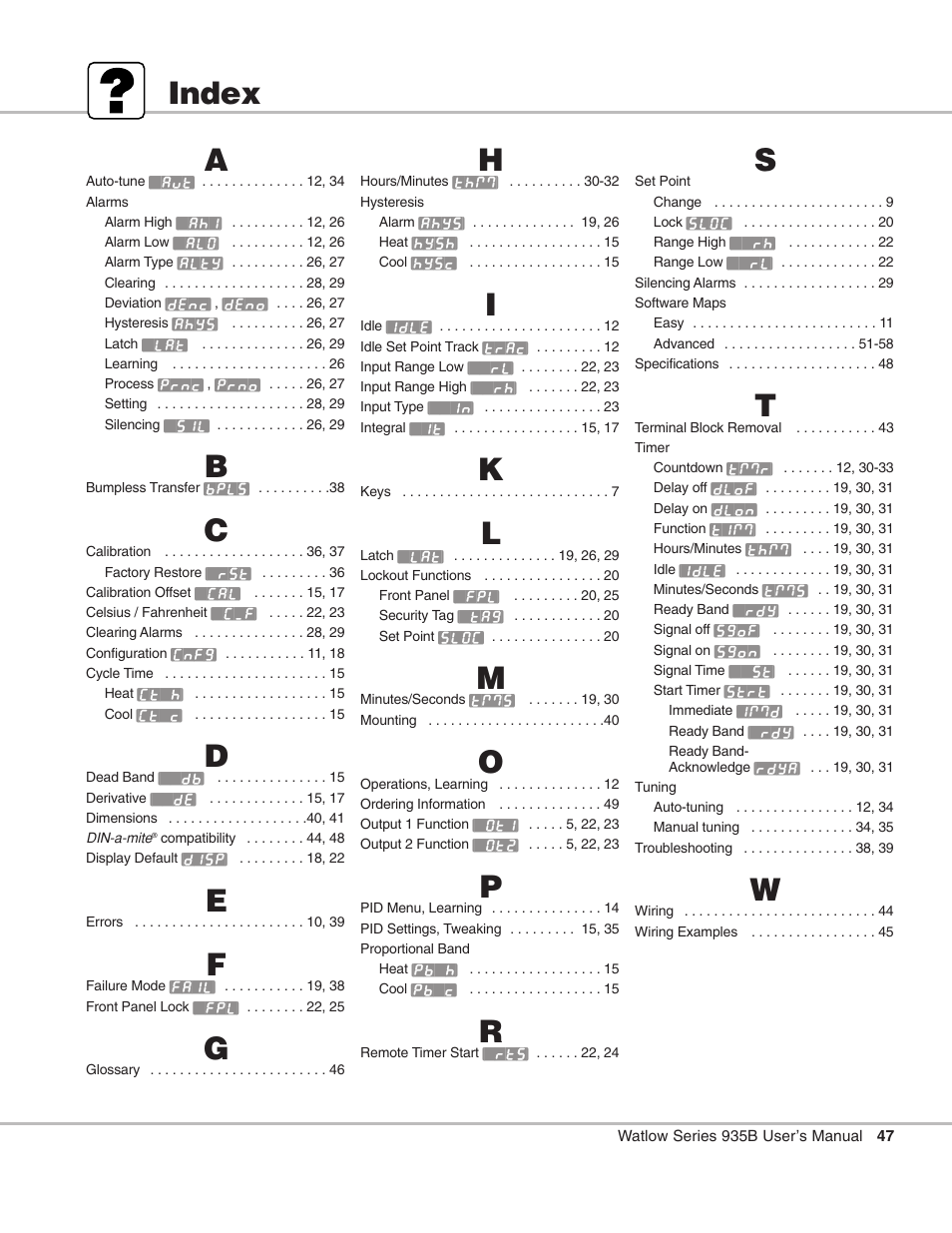 Index | Watlow Series 935B User Manual | Page 47 / 60
