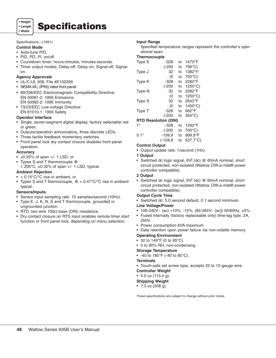 Specifications | Watlow Series 935B User Manual | Page 48 / 60