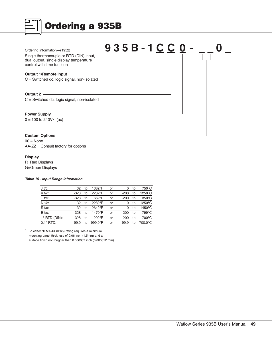 Ordering a 935b, Ordering information, 15 input range information | Watlow Series 935B User Manual | Page 49 / 60