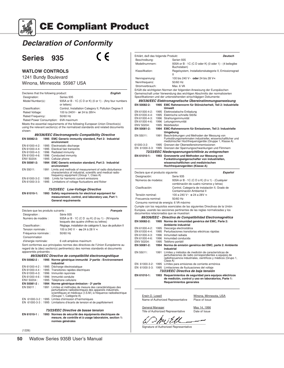 Ce compliant product, Declaration of conformity, Series 935 | Watlow Series 935B User Manual | Page 50 / 60