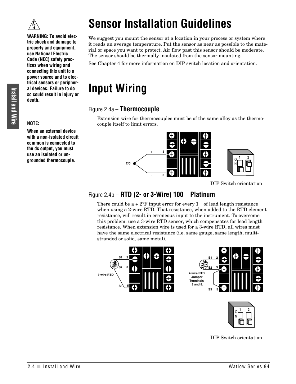 Sensor installation guidelines, Input wiring, Thermocouple | Install and wire, Figure 2.4a, Figure 2.4b | Watlow Series 94 User Manual | Page 10 / 40