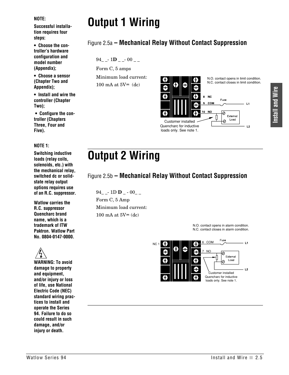 Output wiring, Output 1 wiring, Output 2 wiring | Mechanical relay without contact suppression, Install and wire | Watlow Series 94 User Manual | Page 11 / 40