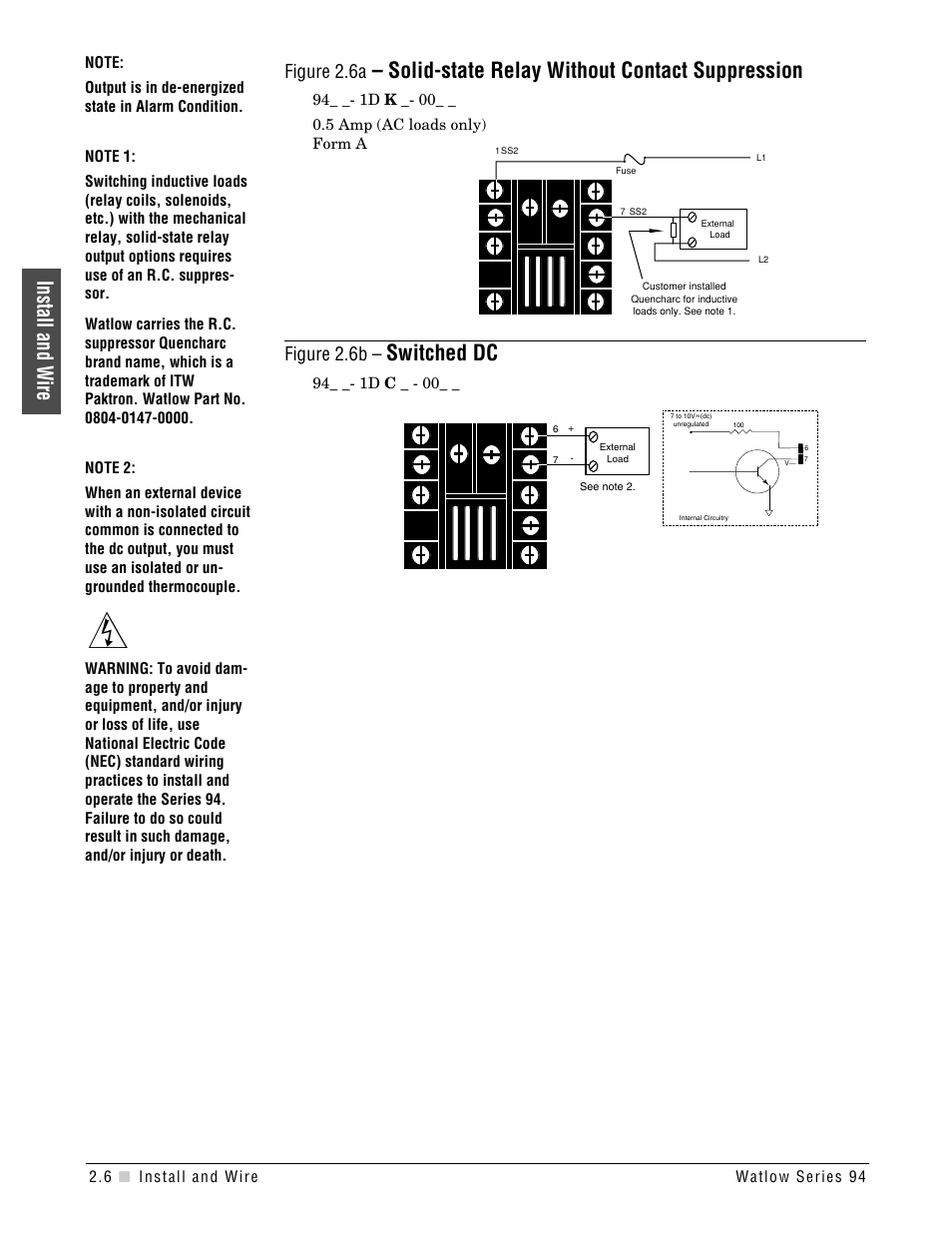 Solid-state relay without contact suppression, Switched dc, Install and wire | Figure 2.6a, Figure 2.6b | Watlow Series 94 User Manual | Page 12 / 40