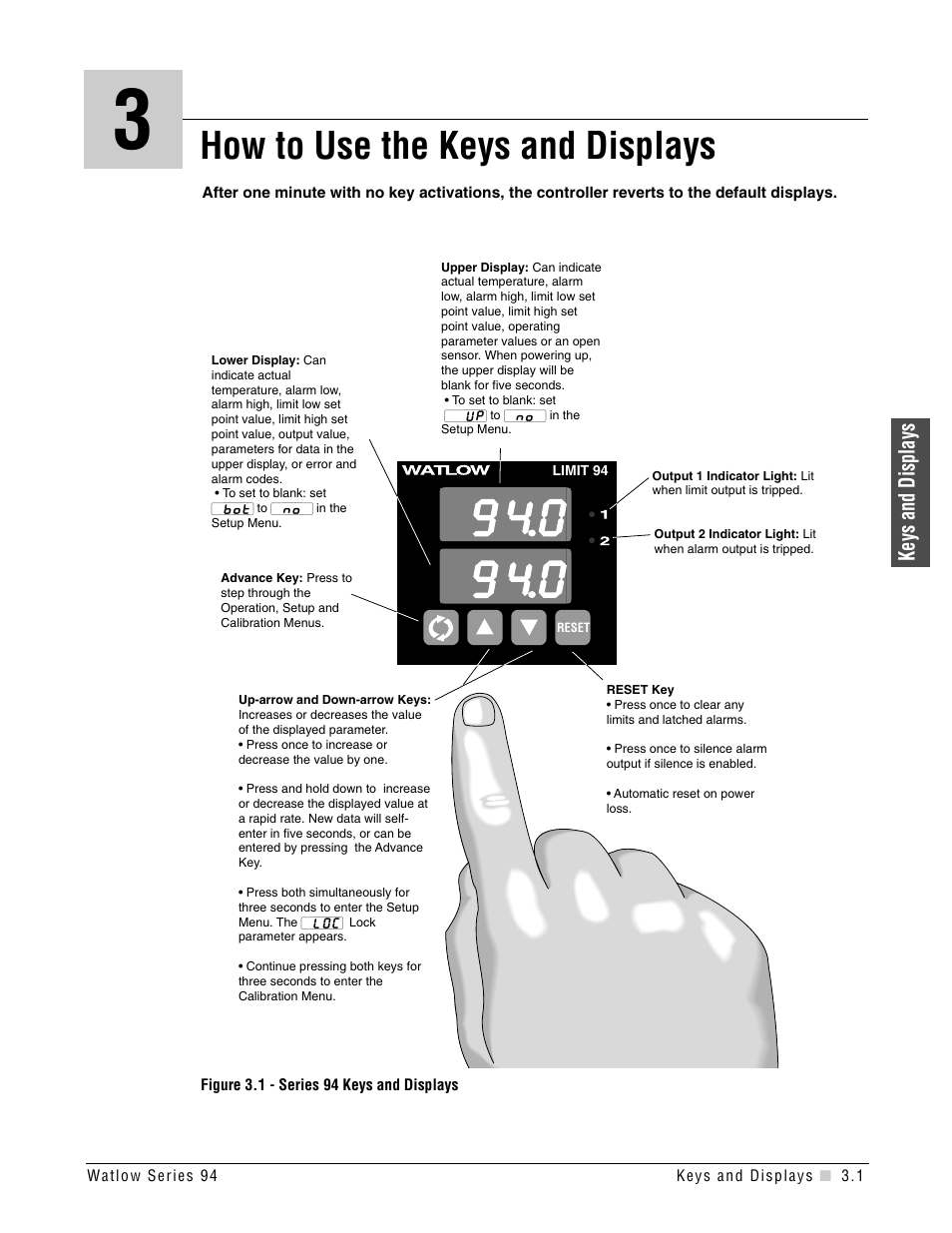 Chapter 3, How to use the keys and displays, Keys and displays | Watlow Series 94 User Manual | Page 15 / 40
