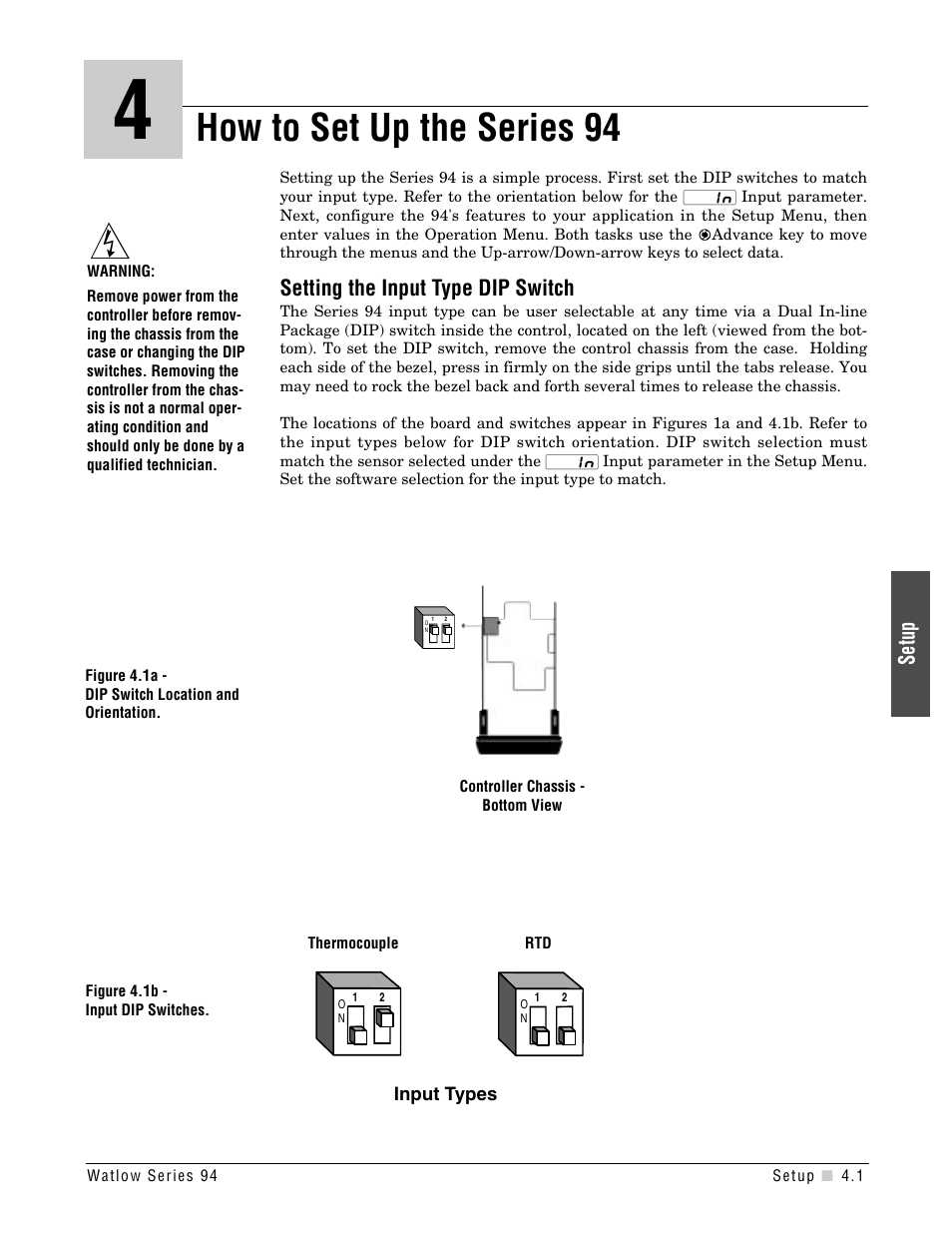 Chapter 4, How to set up the series 94, Setup | Setting the input type dip switch | Watlow Series 94 User Manual | Page 17 / 40