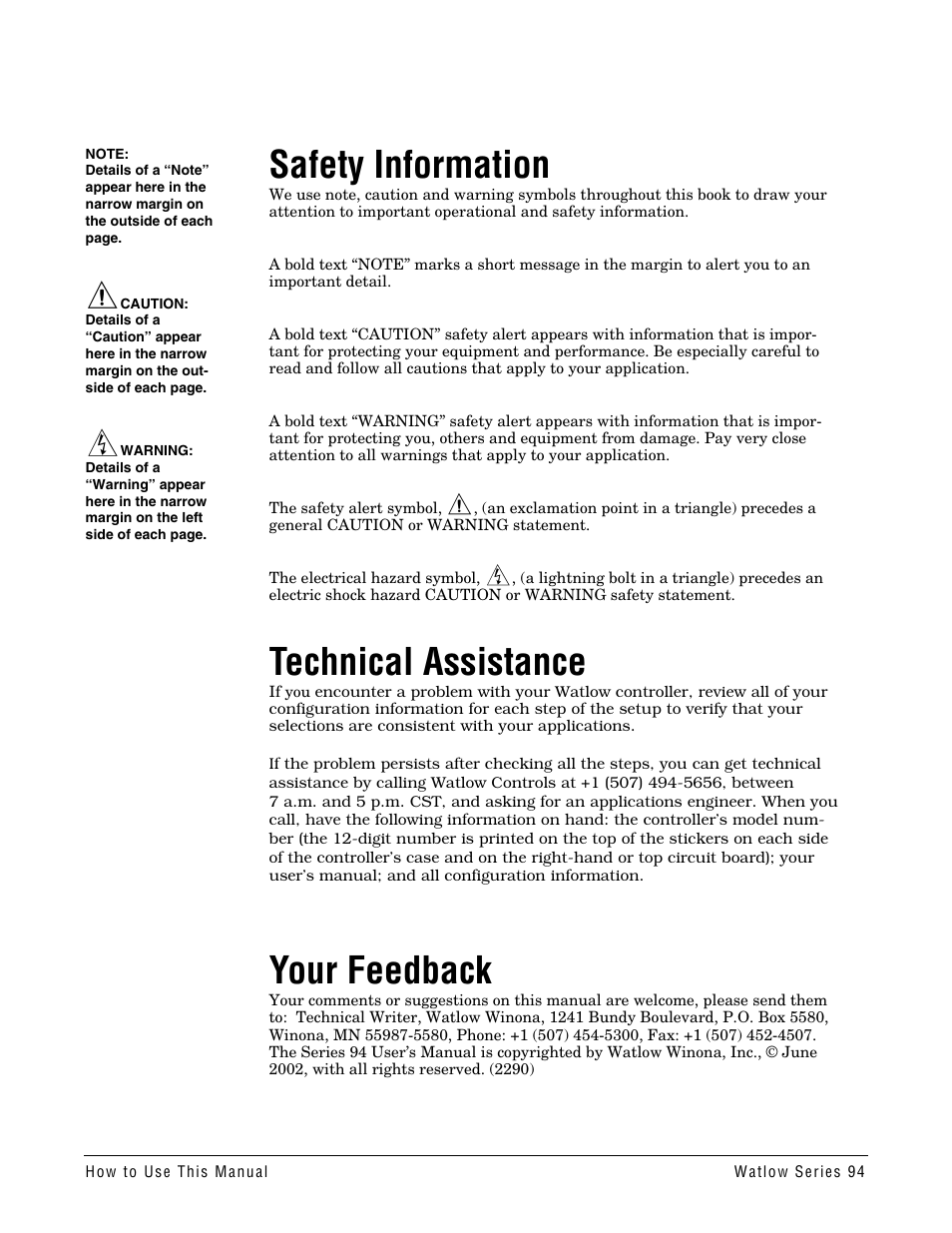 Safety information, Technical assistance, Your feedback | Watlow Series 94 User Manual | Page 2 / 40