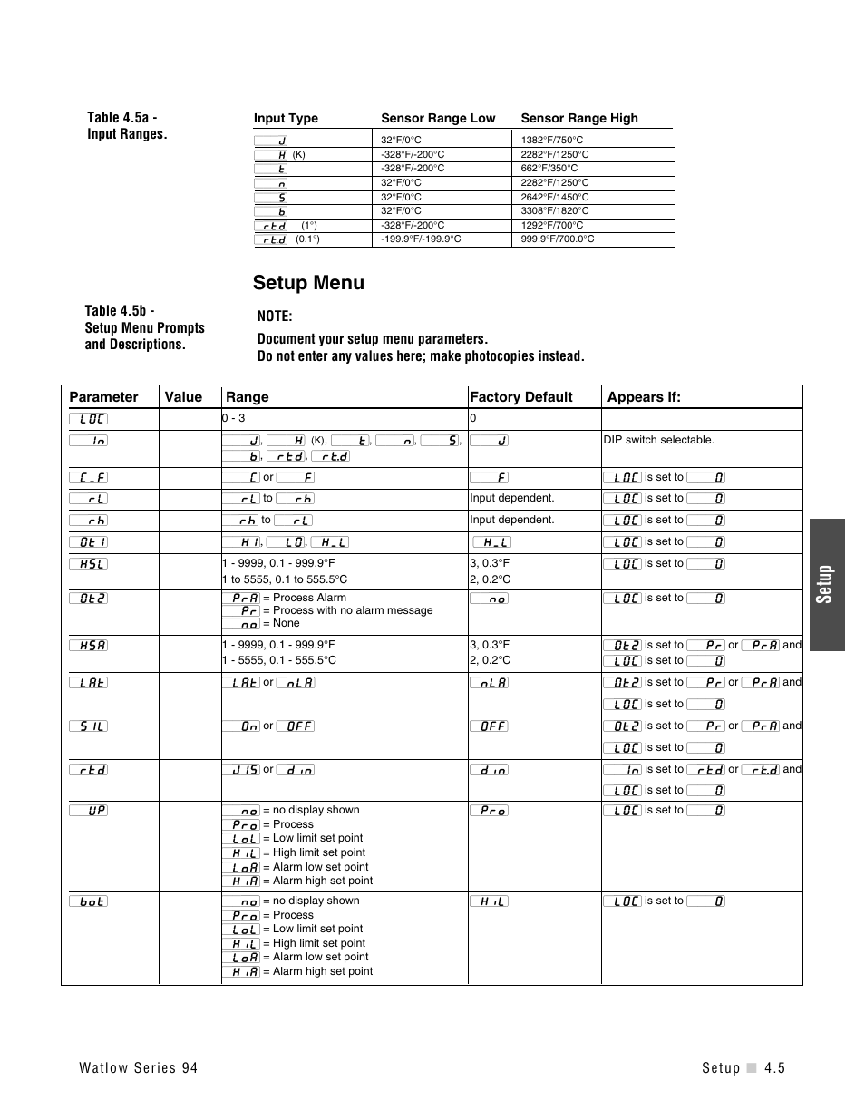 Setup, Setup menu | Watlow Series 94 User Manual | Page 21 / 40