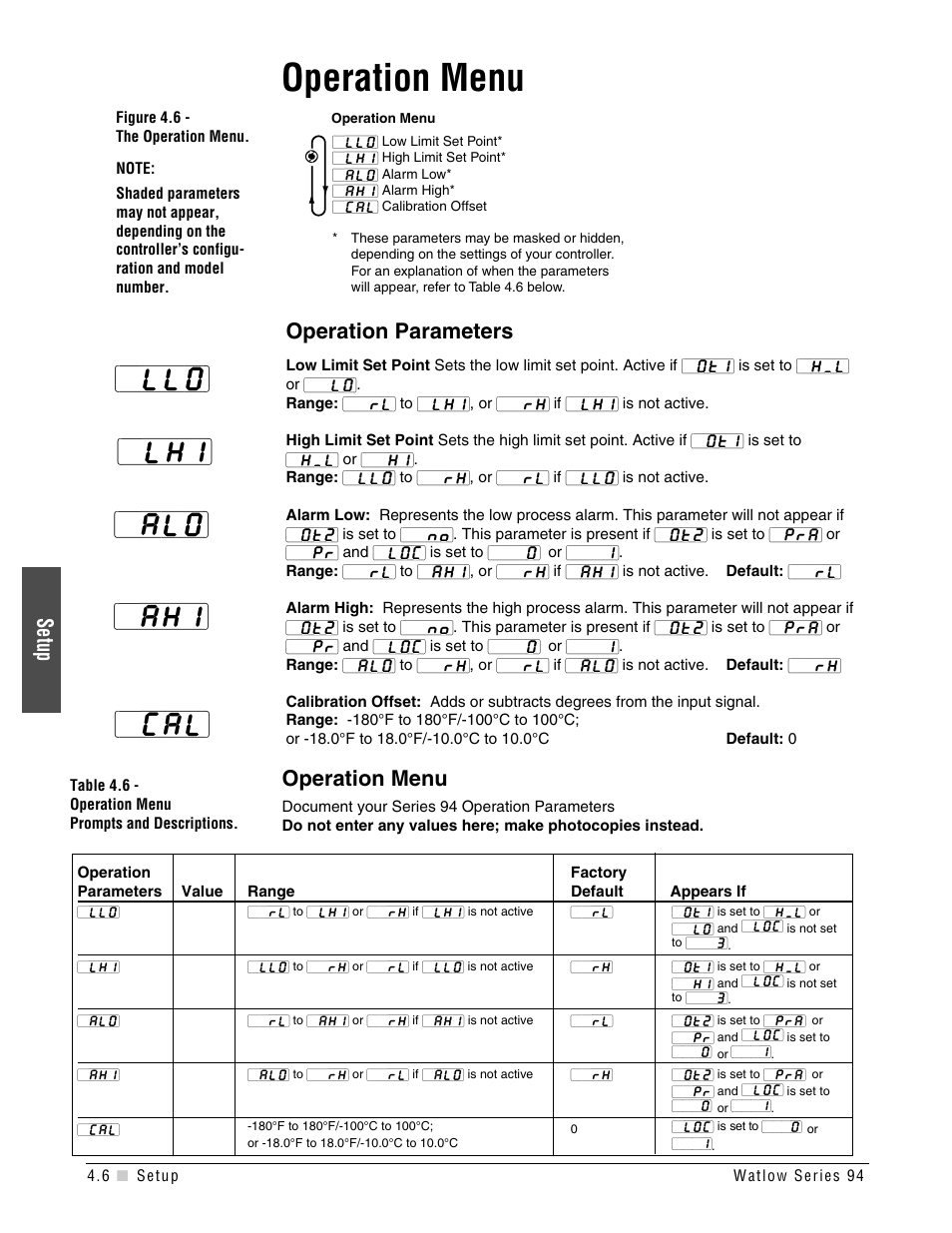 Operation menu, Llo} [`lhi} {`alo} {`ahi} {`cal, Setup | Operation parameters | Watlow Series 94 User Manual | Page 22 / 40