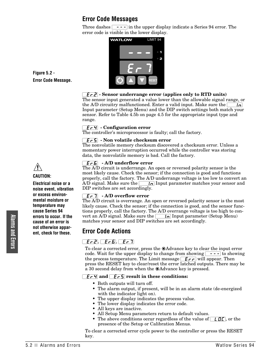 Alarms and errors error code messages, Error code actions | Watlow Series 94 User Manual | Page 24 / 40